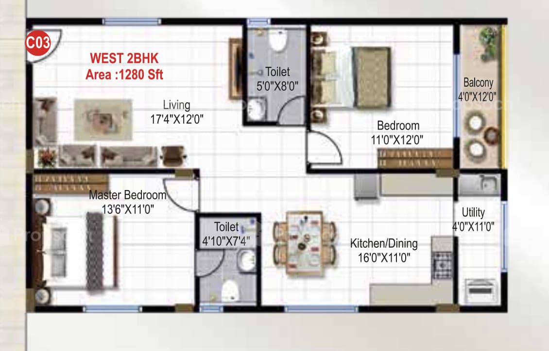 2BHK floor plan, Green Edge Signature