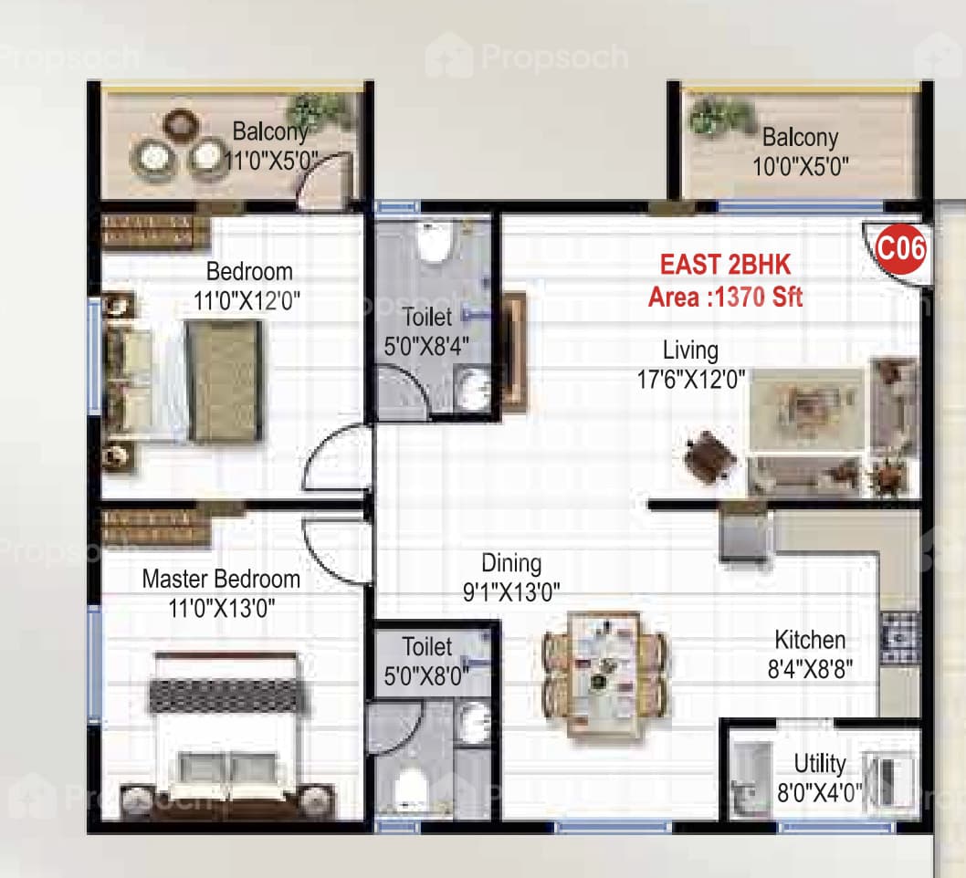 2BHK floor plan, Green Edge Signature