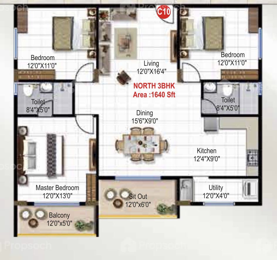3BHK floor plan, Green Edge Signature