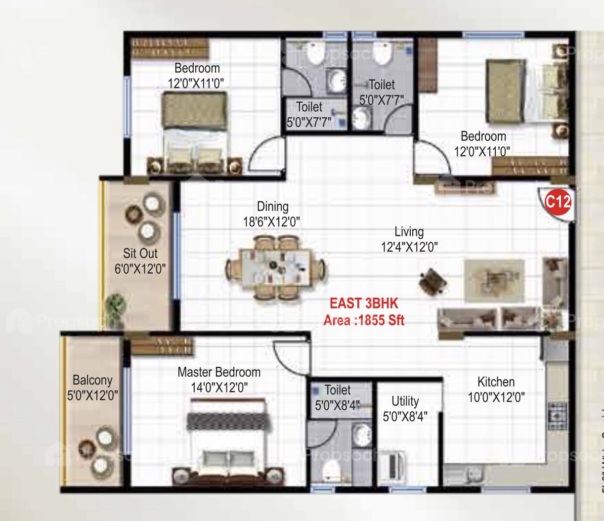 3BHK floor plan, Green Edge Signature