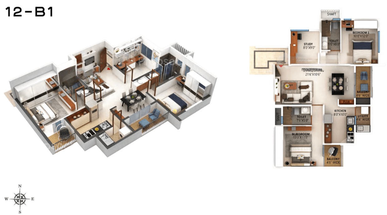 2BHK+Study floor plan, High Life Towers
