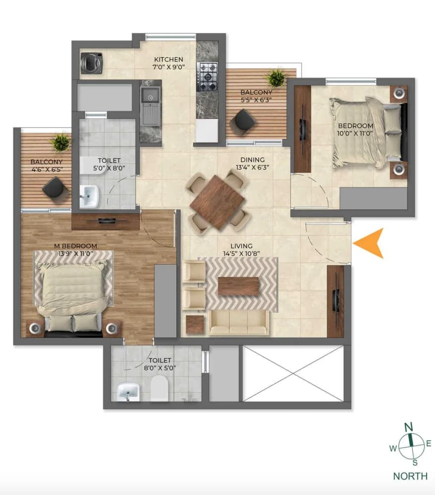 2BHK floor plan, Inspira Tropical Garden