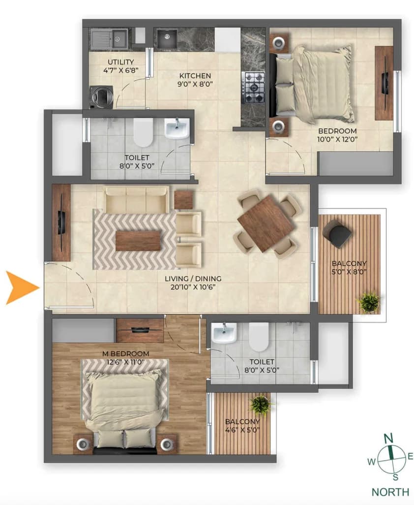 2BHK floor plan, Inspira Tropical Garden