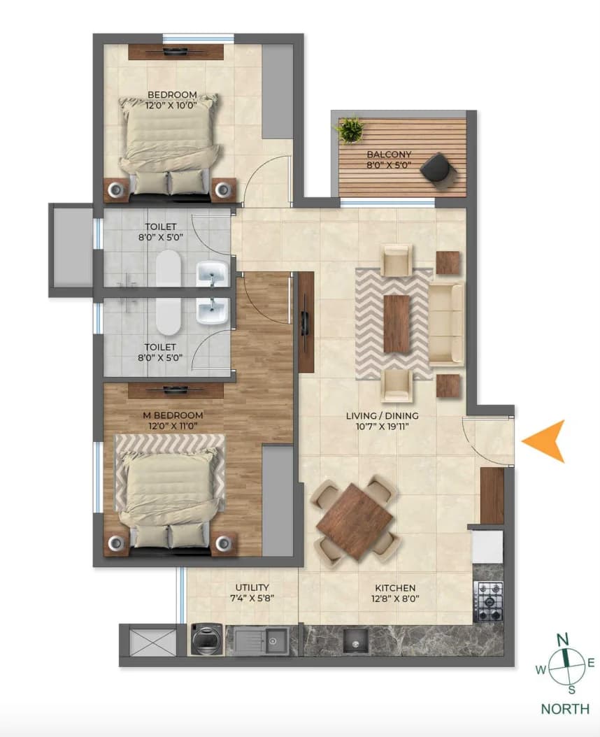 2BHK floor plan, Inspira Tropical Garden