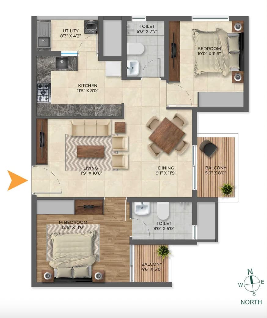 2BHK floor plan, Inspira Tropical Garden