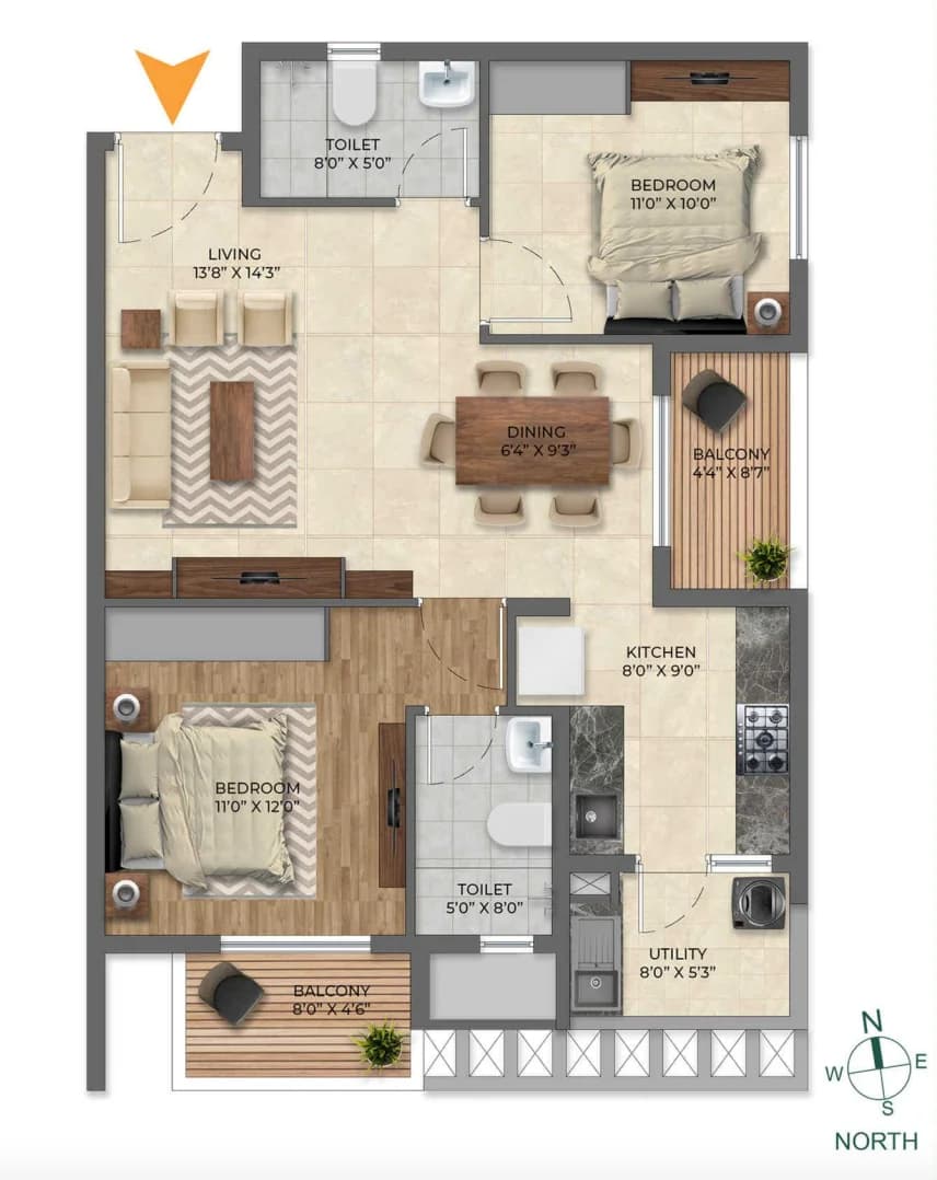 2BHK floor plan, Inspira Tropical Garden