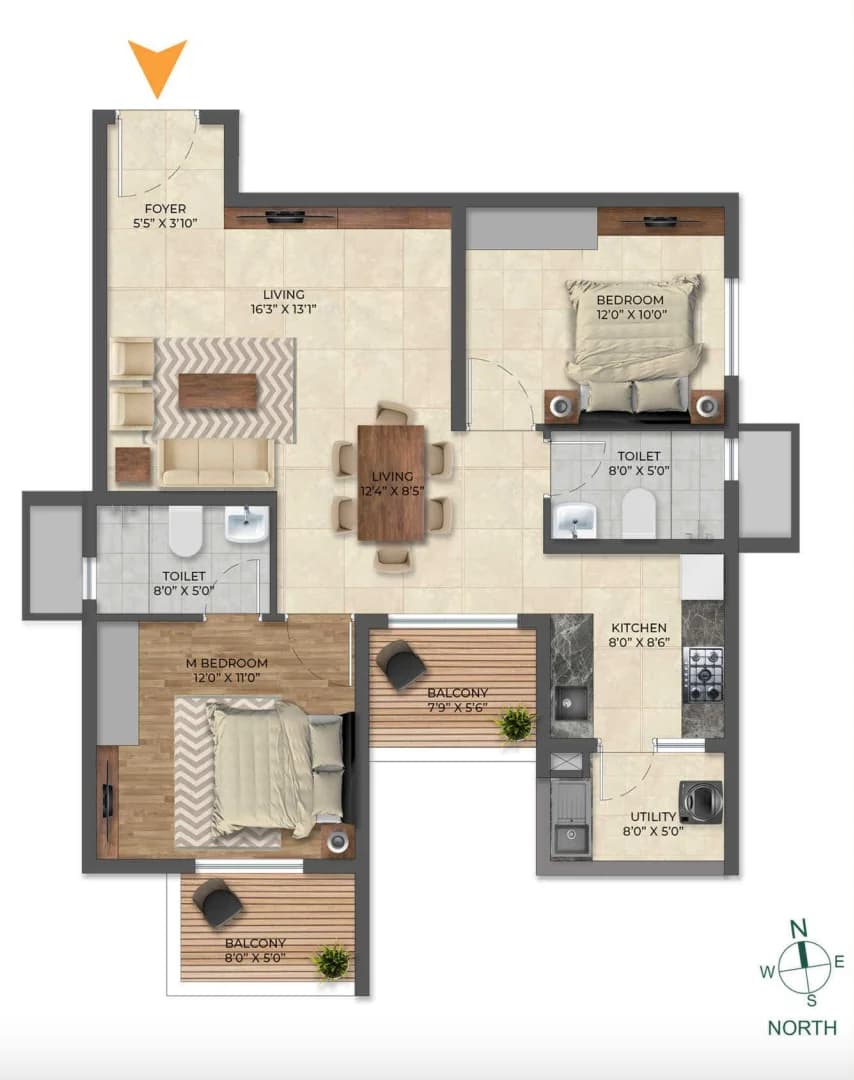 2BHK floor plan, Inspira Tropical Garden