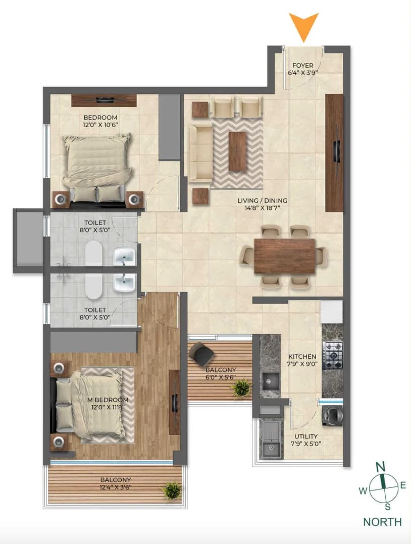 2BHK floor plan, Inspira Tropical Garden