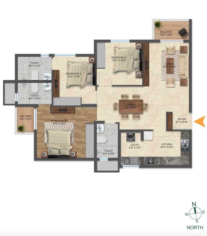 3BHK floor plan, Inspira Tropical Garden