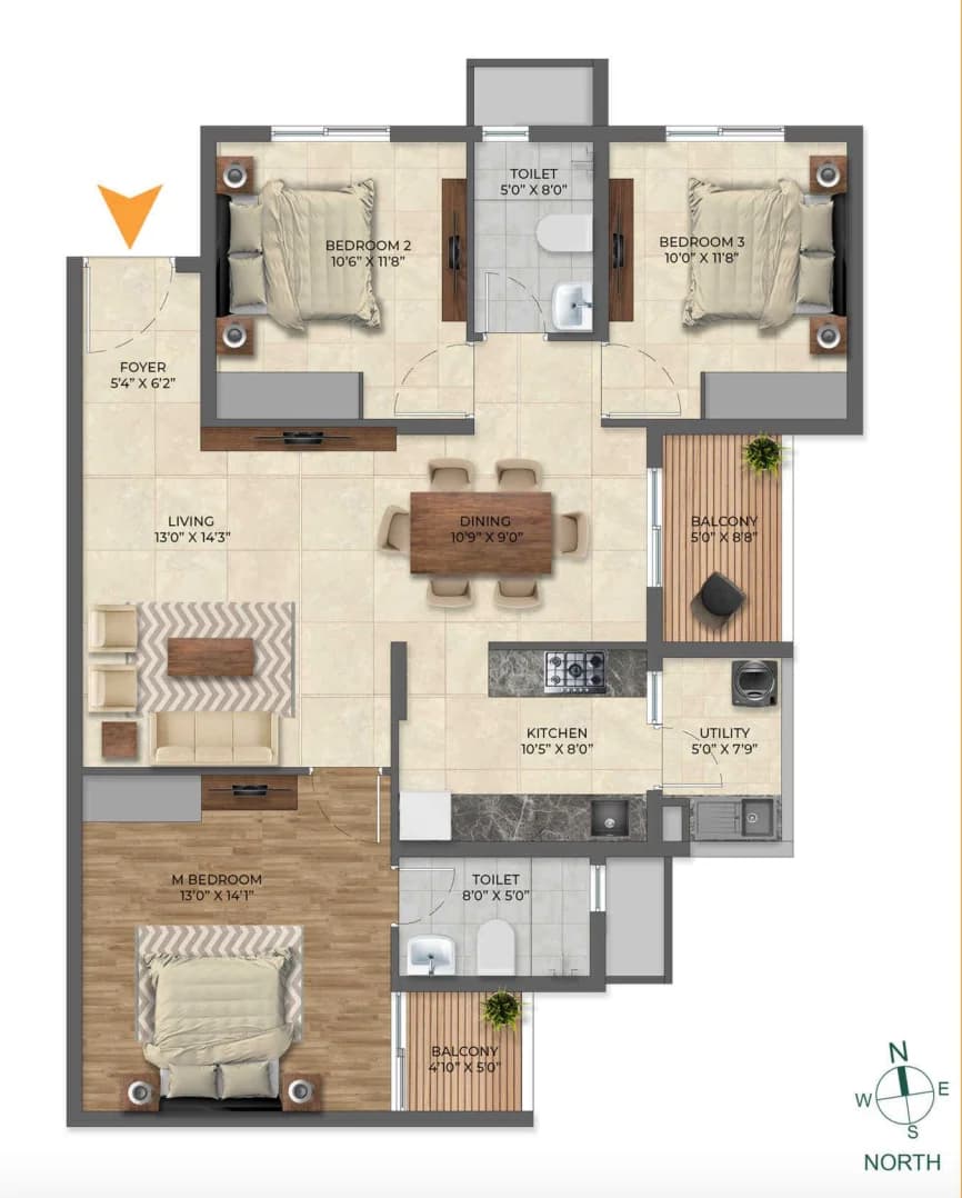 3BHK floor plan, Inspira Tropical Garden