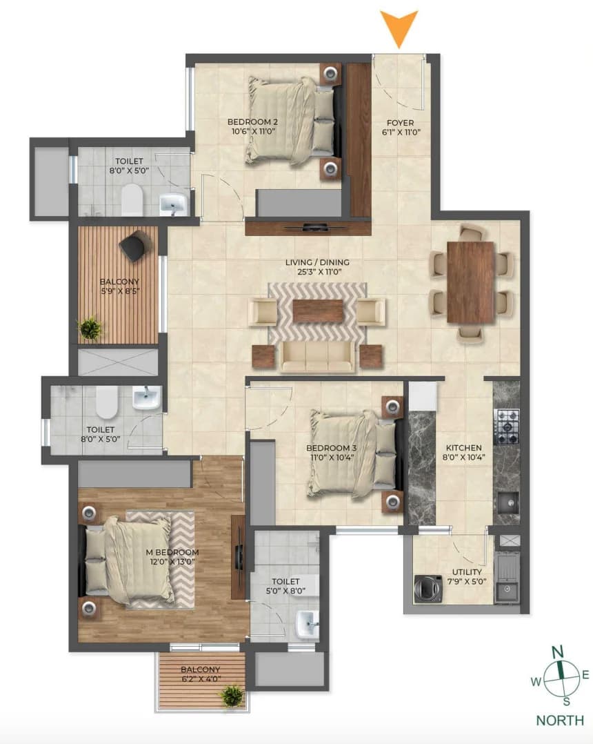 3BHK floor plan, Inspira Tropical Garden