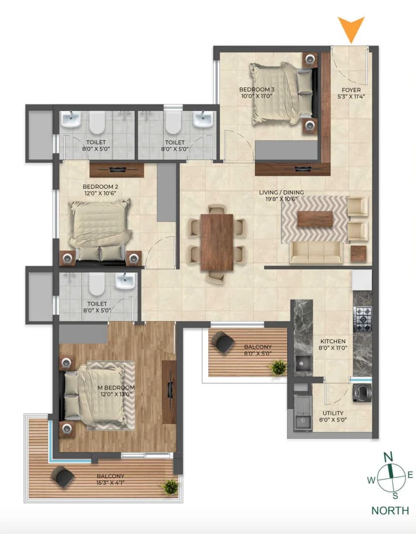 3BHK floor plan, Inspira Tropical Garden