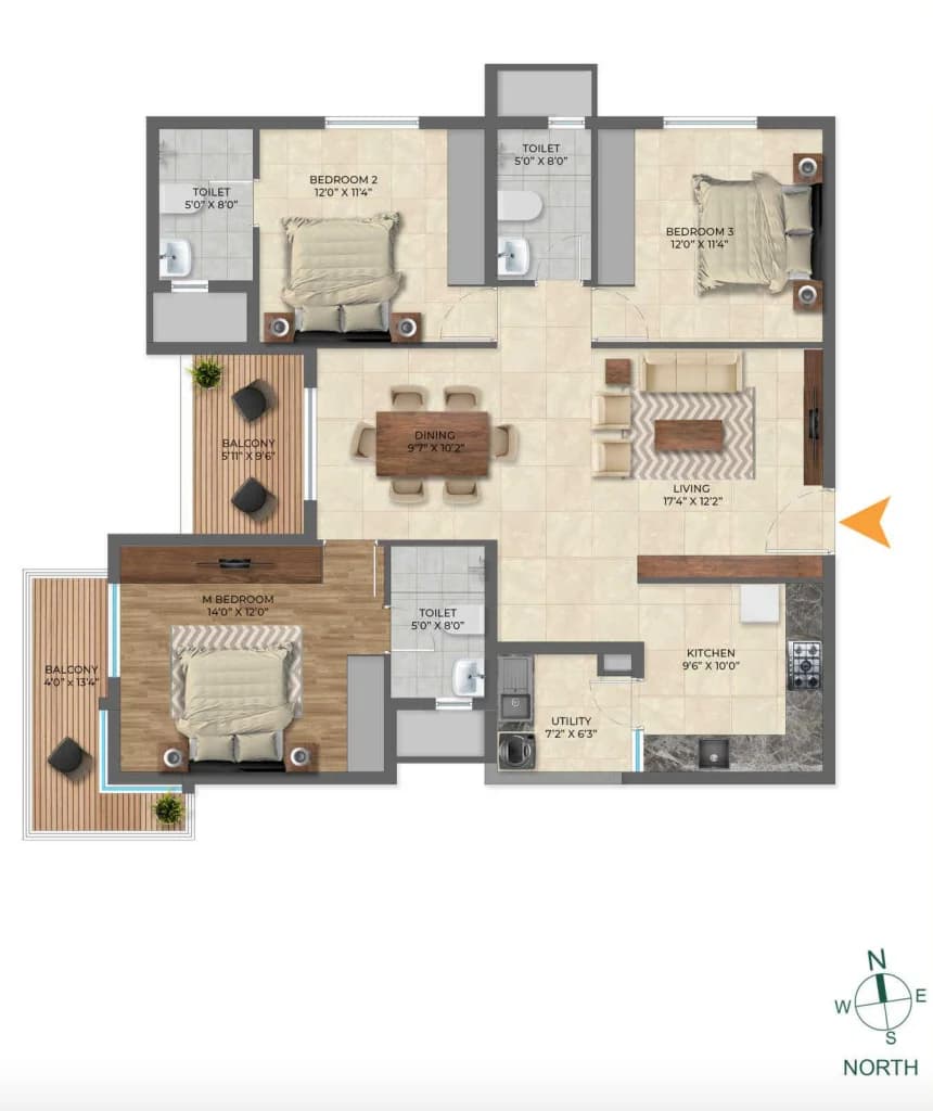 3BHK floor plan, Inspira Tropical Garden