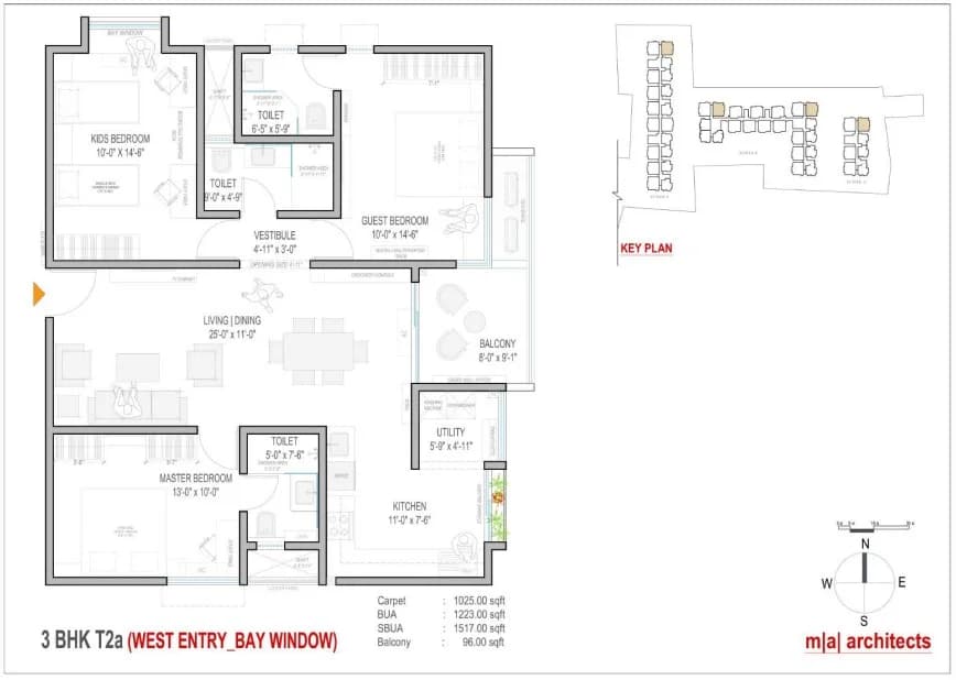 3BHK floor plan, Mahendra Aarya