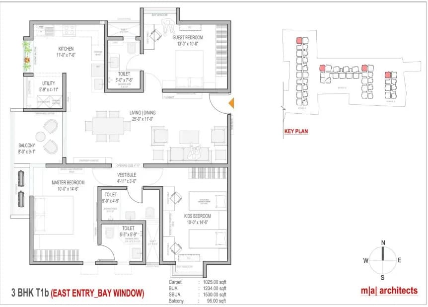 3BHK floor plan, Mahendra Aarya