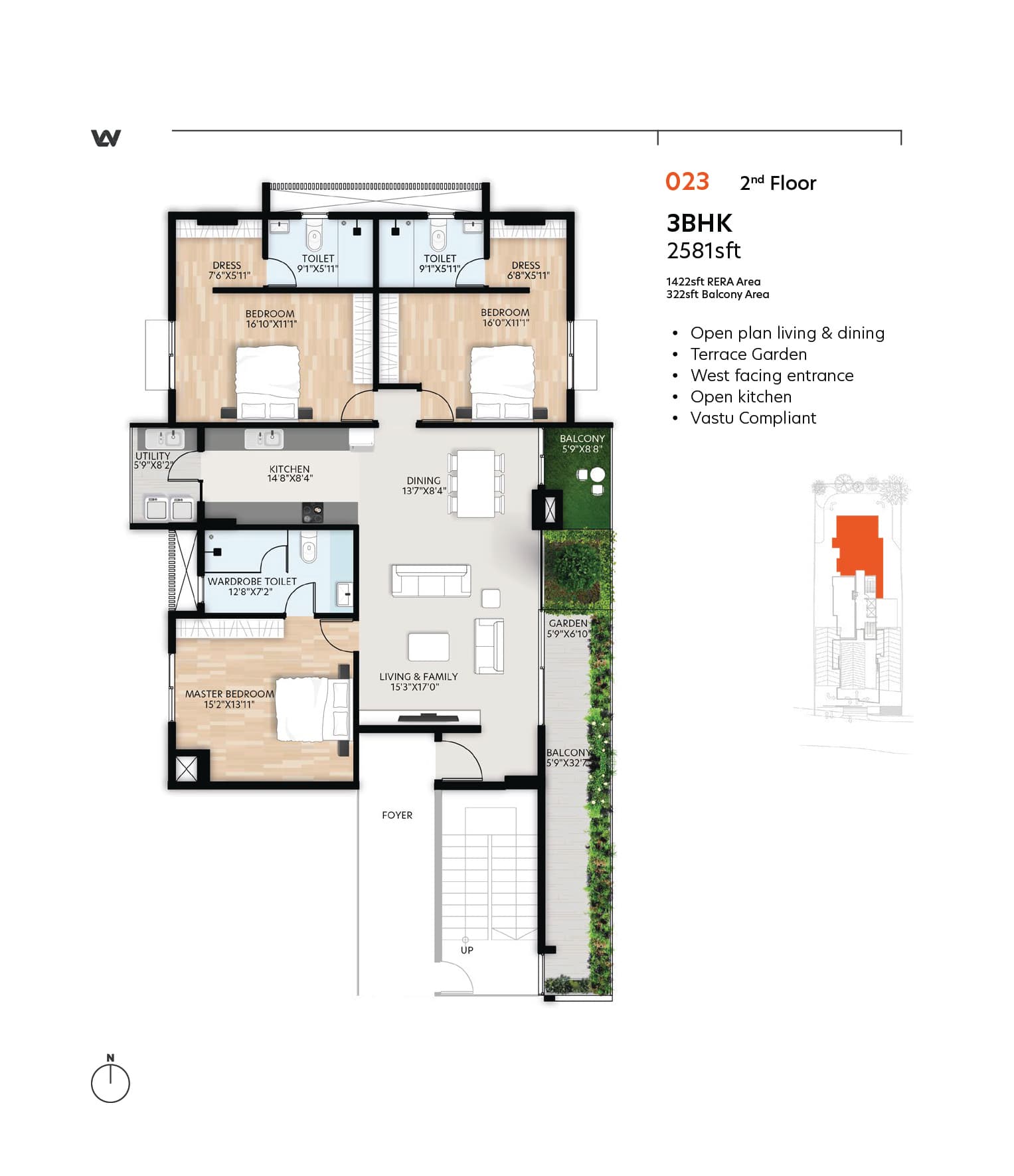 3BHK floor plan, Olde town by Living Walls