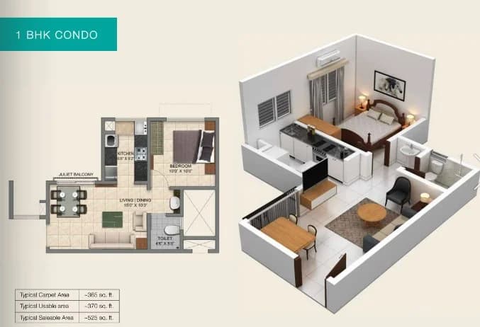 1BHK floor plan, Provident Park Square Phase 5