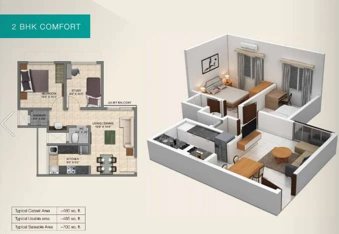 2BHK floor plan, Provident Park Square Phase 5
