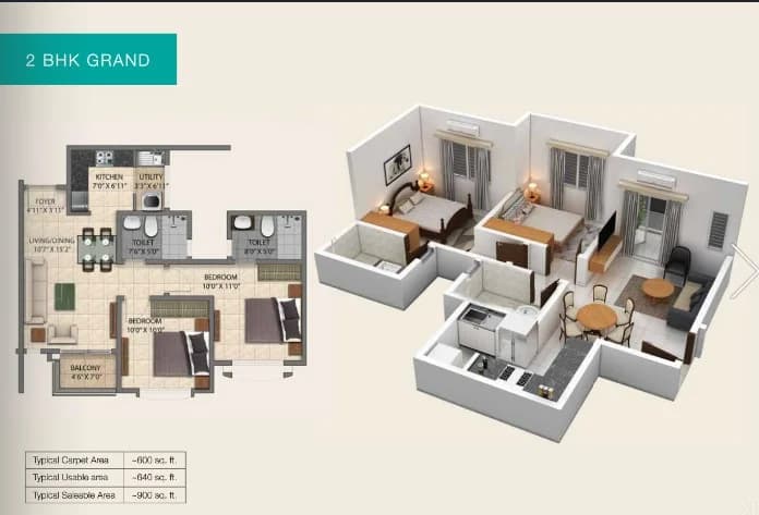 2BHK floor plan, Provident Park Square Phase 5