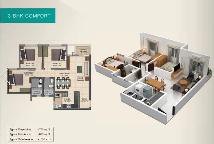 3BHK floor plan, Provident Park Square Phase 5