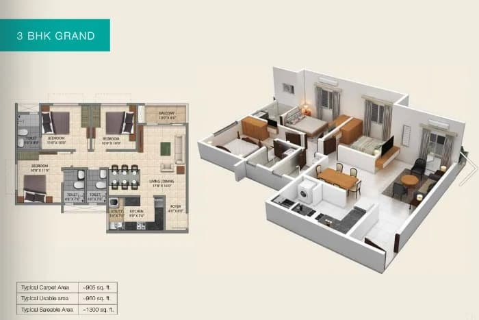 3BHK floor plan, Provident Park Square Phase 5