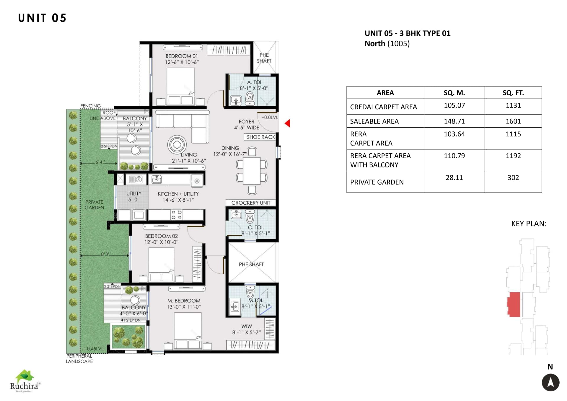 3BHK floor plan, Ruchira Park East