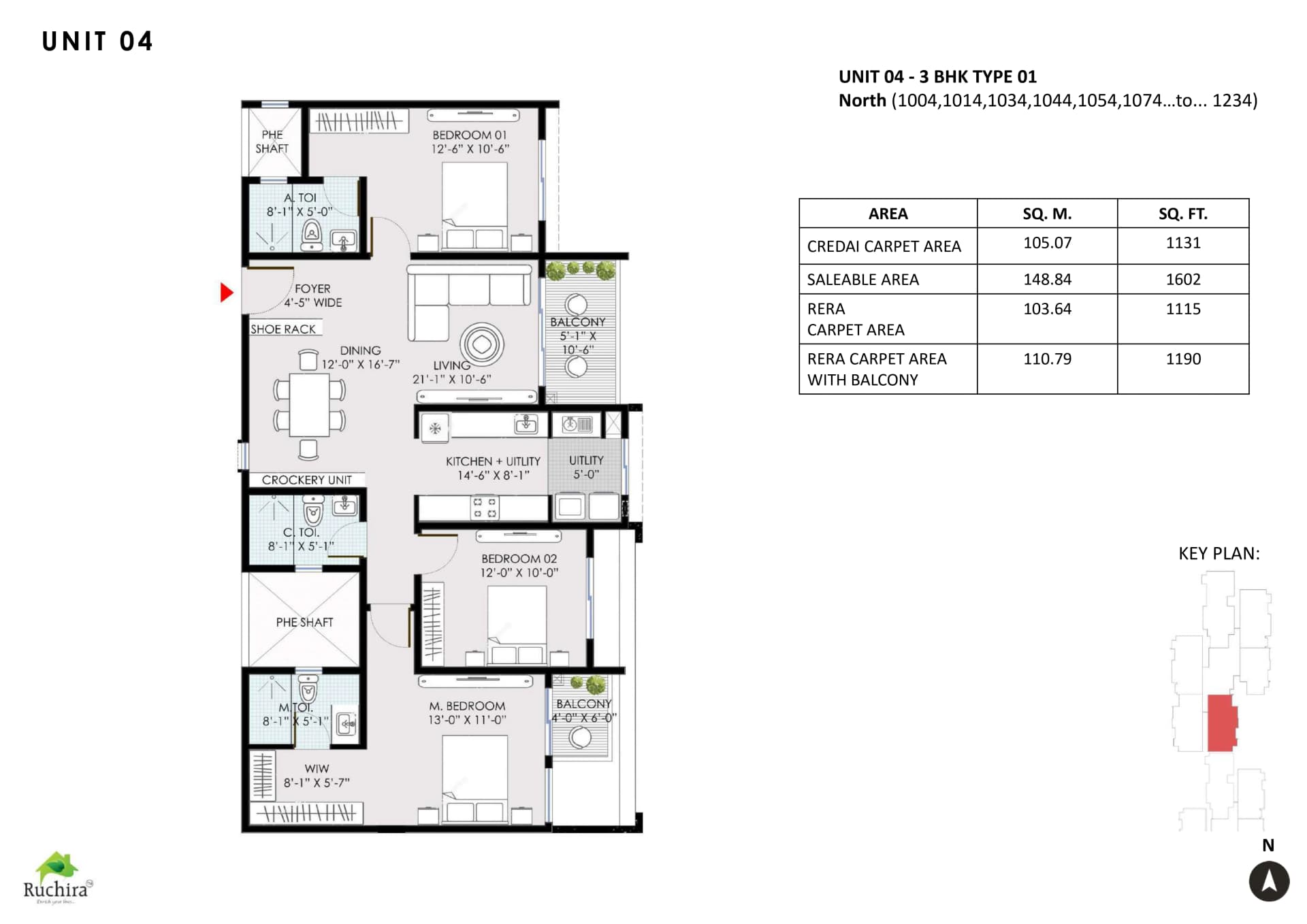 3BHK floor plan, Ruchira Park East