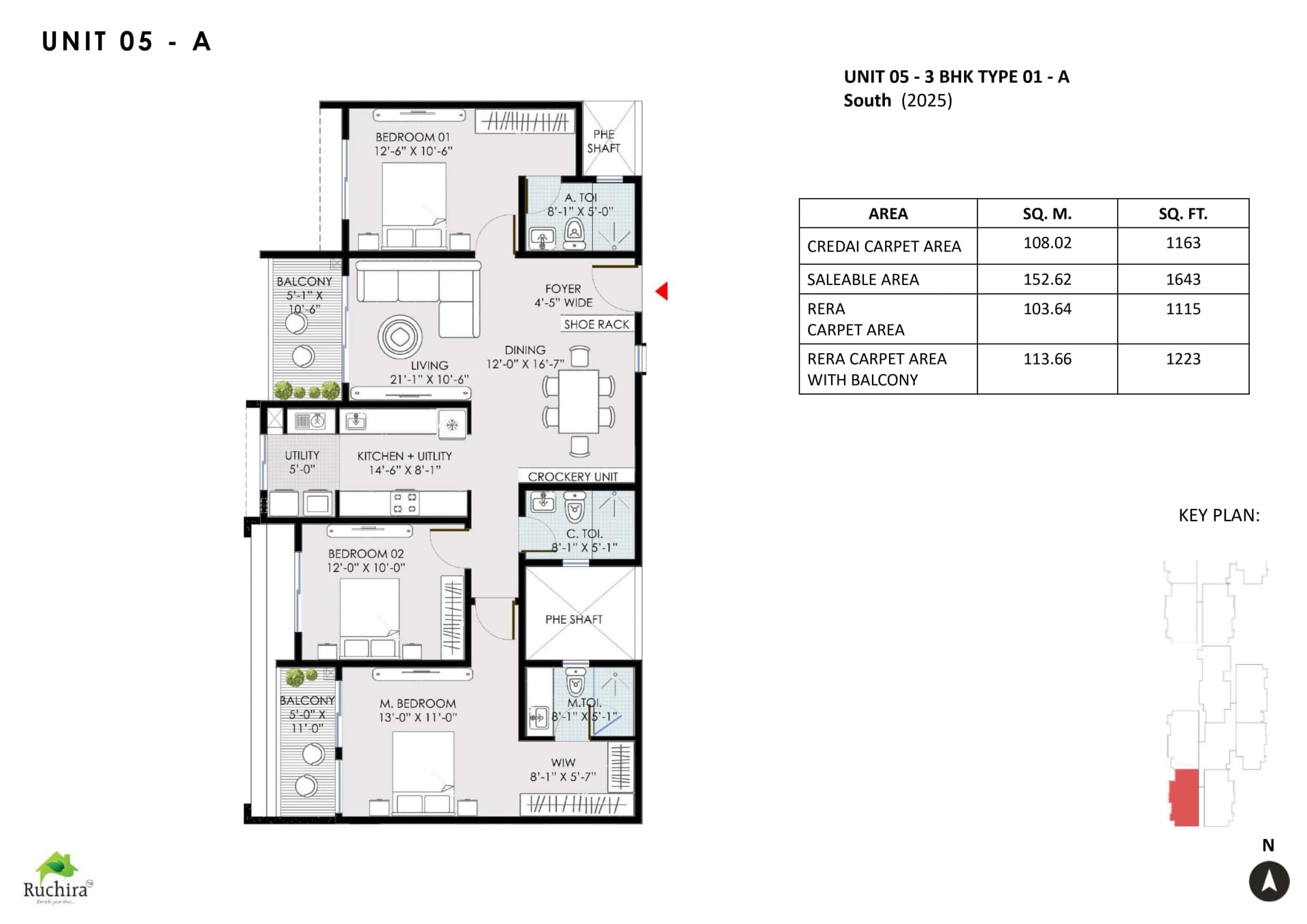 3BHK floor plan, Ruchira Park East