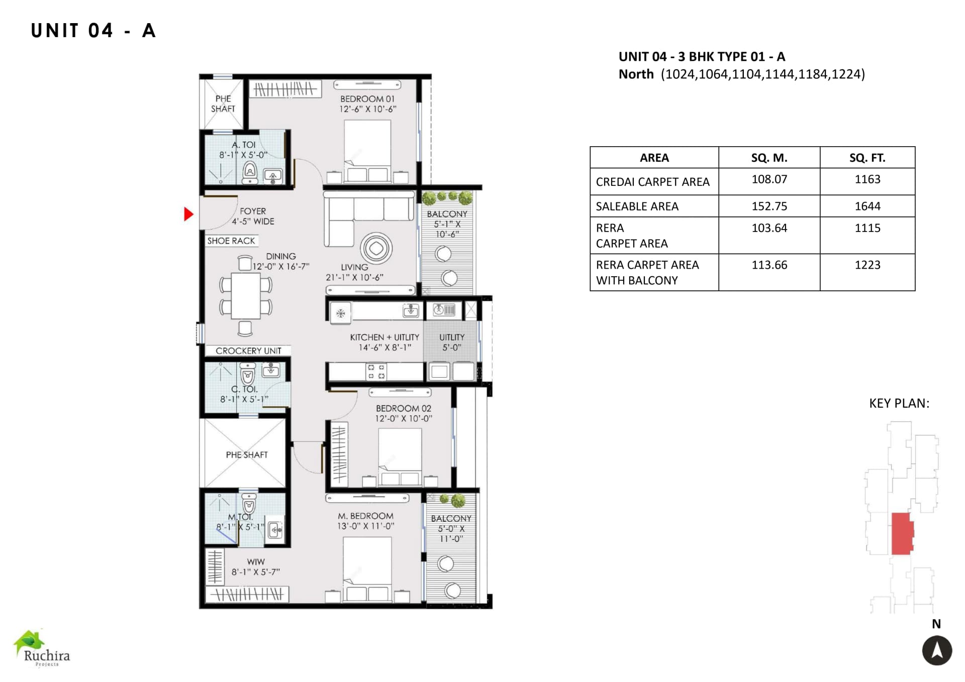 3BHK floor plan, Ruchira Park East