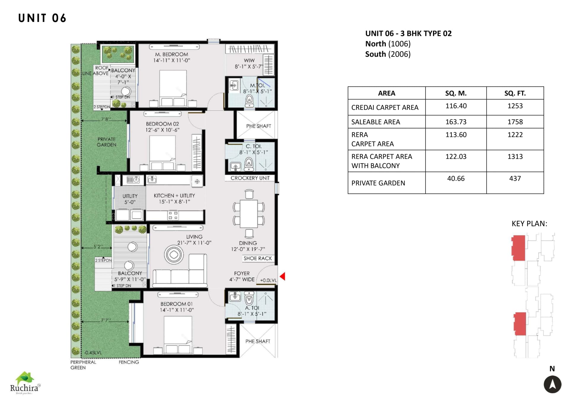 3BHK floor plan, Ruchira Park East