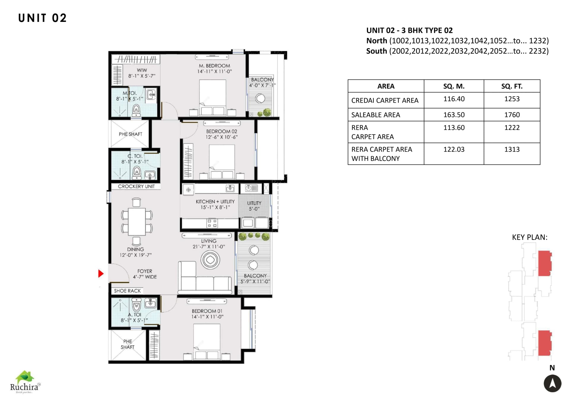 3BHK floor plan, Ruchira Park East