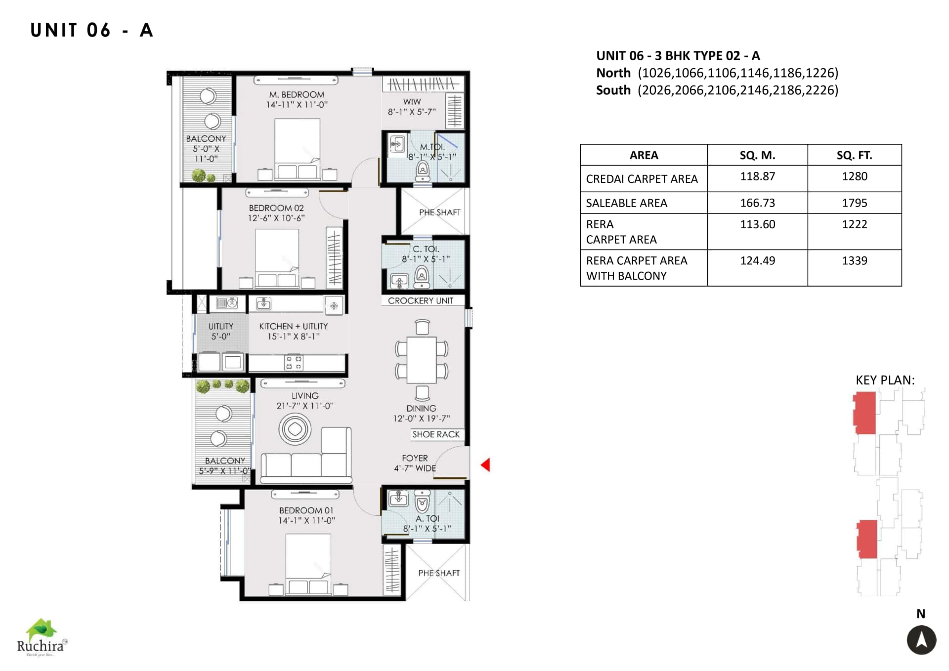 3BHK floor plan, Ruchira Park East