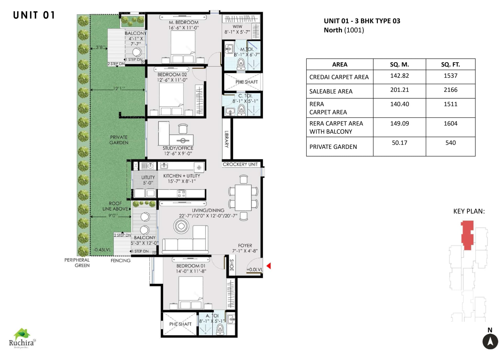 3BHK floor plan, Ruchira Park East