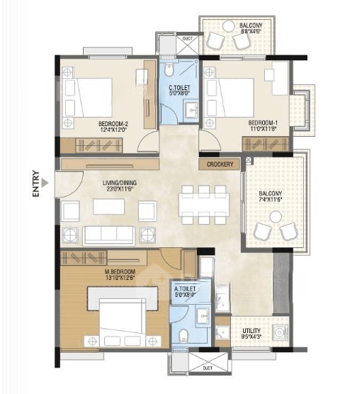 3BHK floor plan, Sb Urban Park