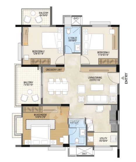 3BHK floor plan, Sb Urban Park