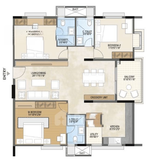 3BHK floor plan, Sb Urban Park