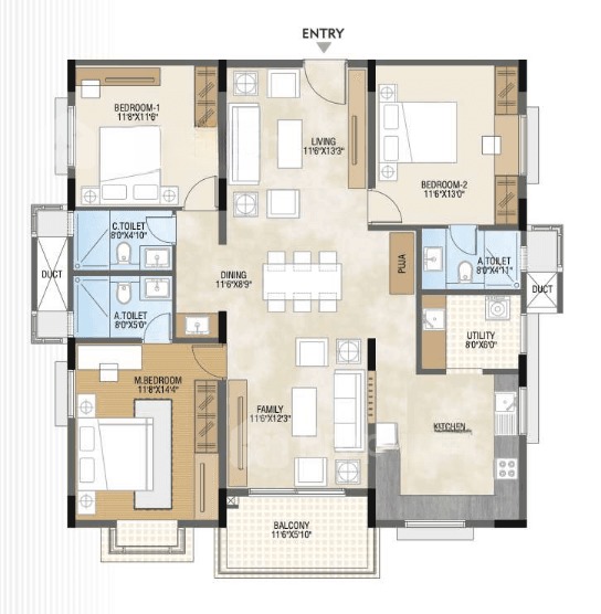 3BHK floor plan, Sb Urban Park