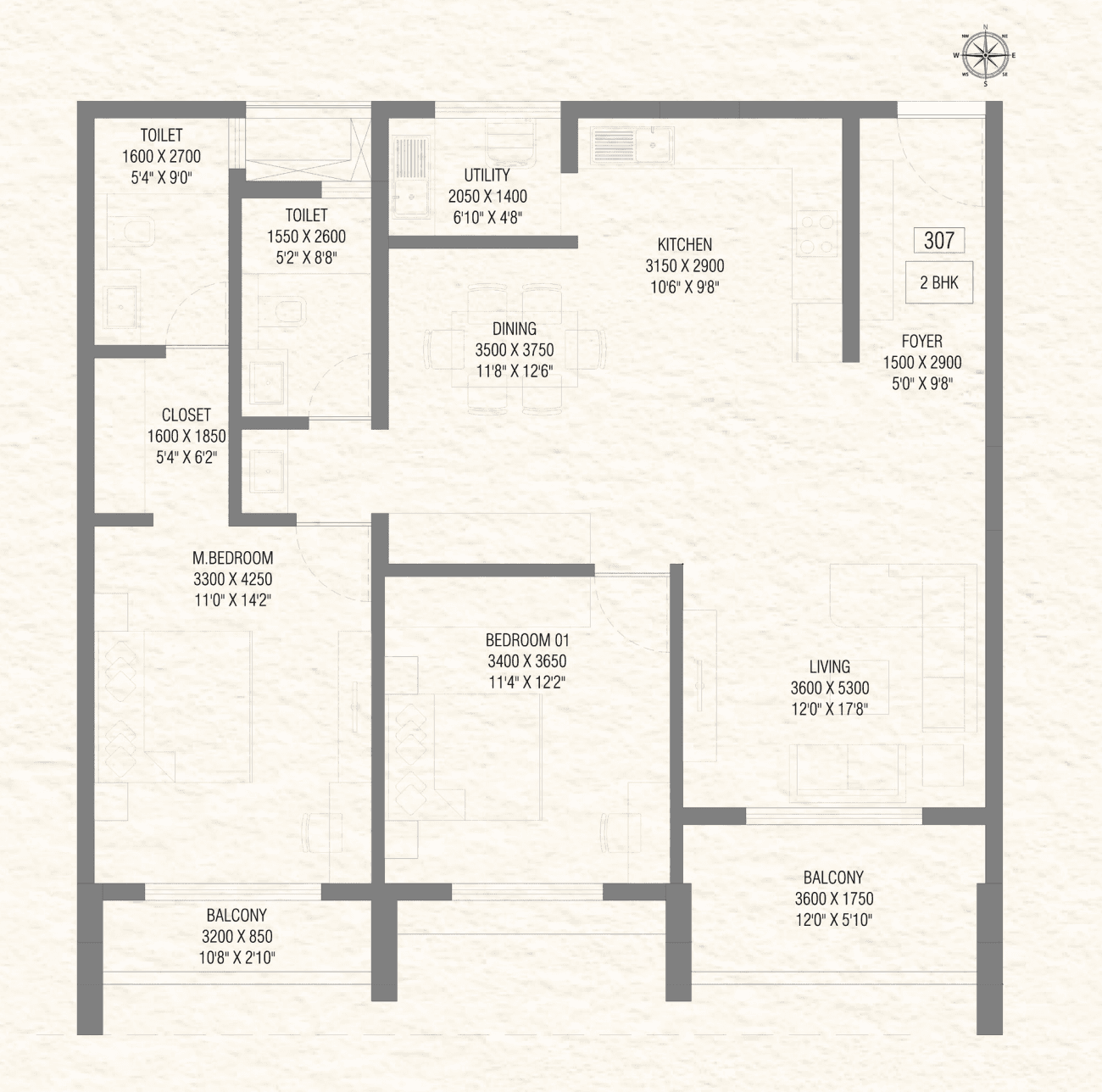 2BHK floor plan, Soven Sachi