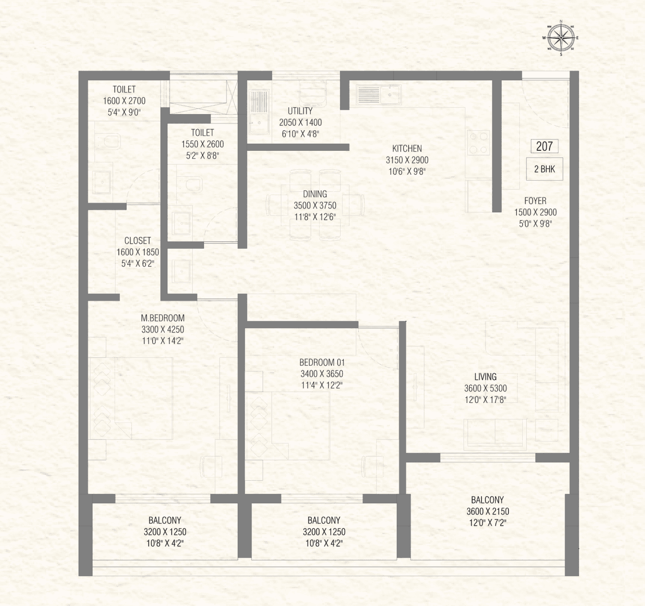2BHK floor plan, Soven Sachi