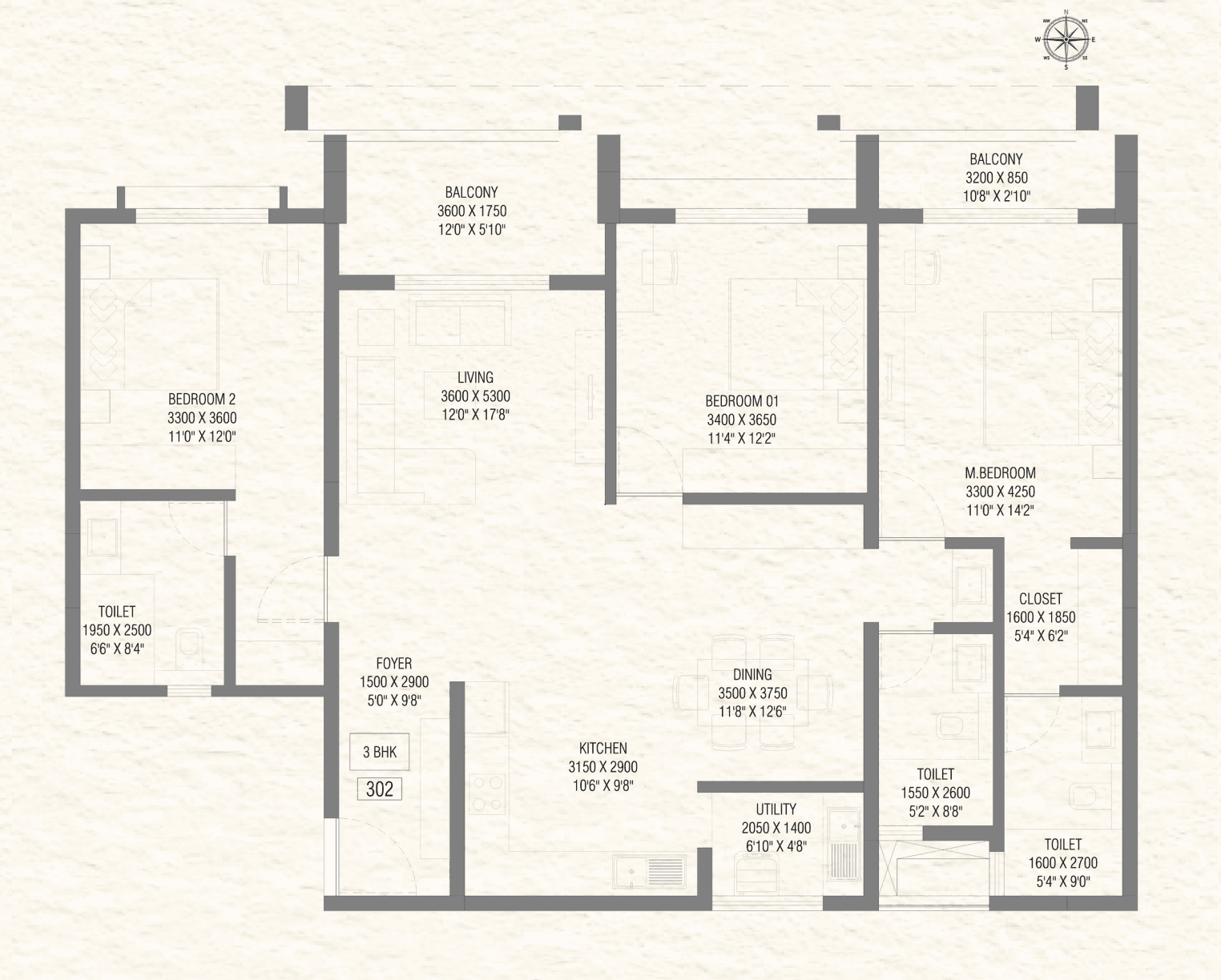 3BHK floor plan, Soven Sachi