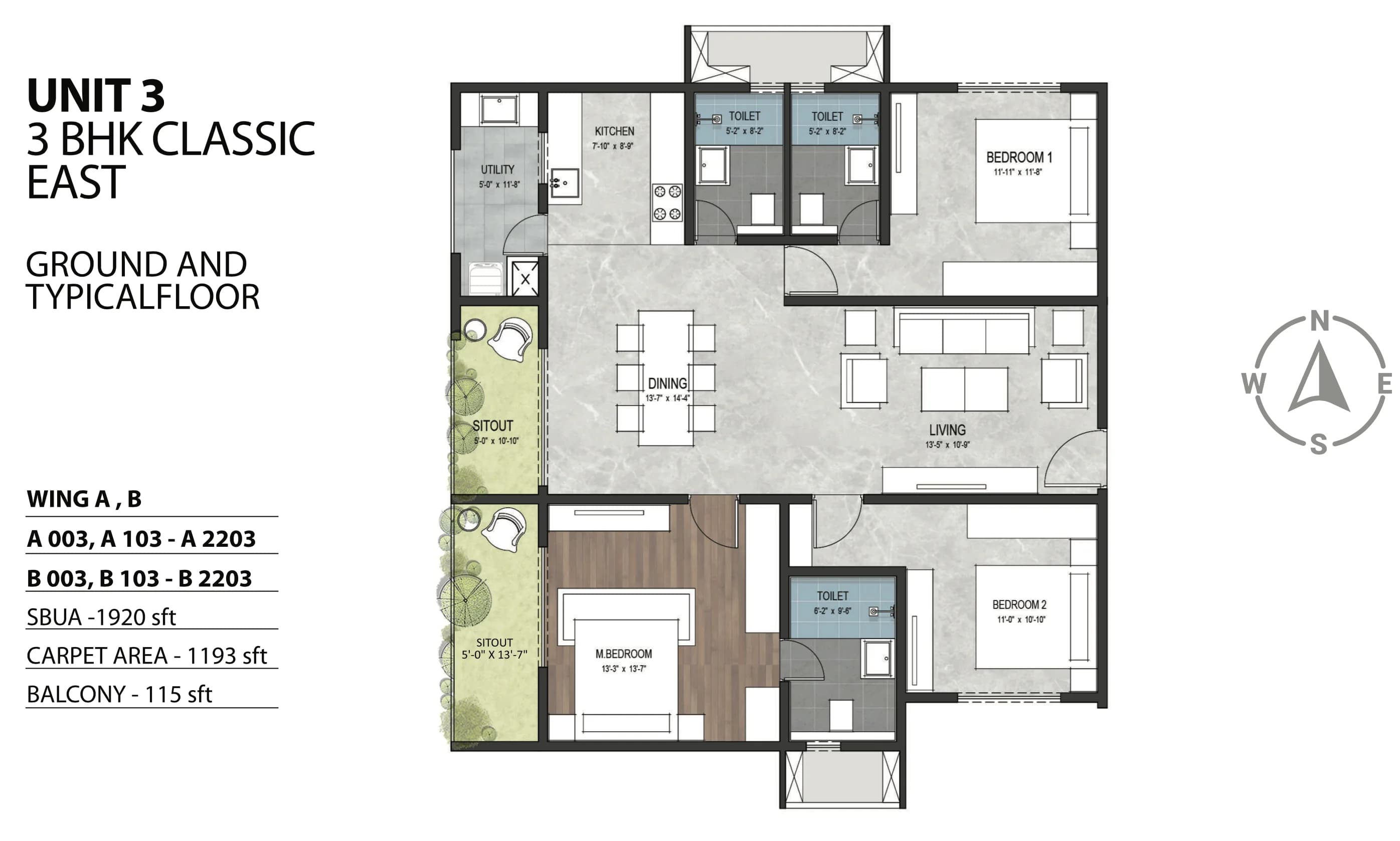 3BHK floor plan, Sumadhura Sarang