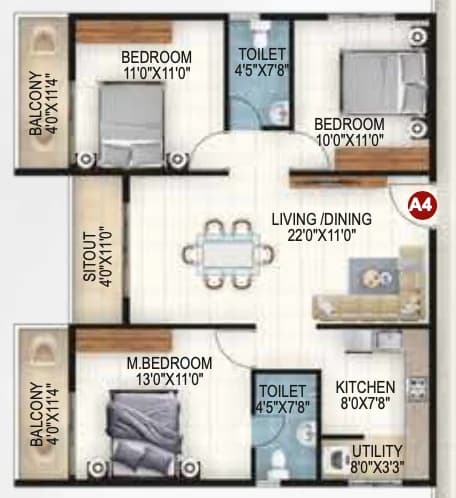 3BHK floor plan, Vaishno Ambaram