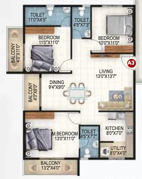 3BHK floor plan, Vaishno Ambaram