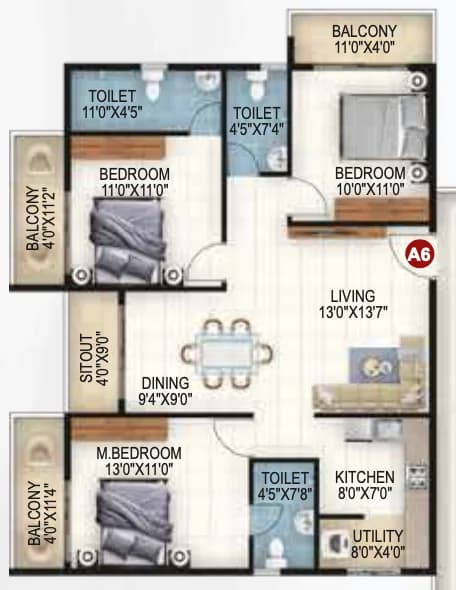 3BHK floor plan, Vaishno Ambaram