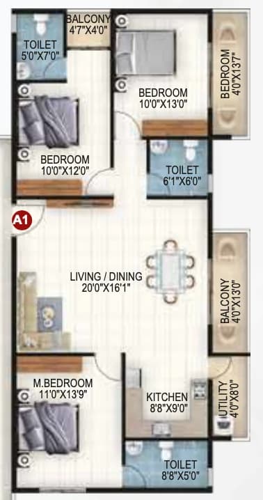 3BHK floor plan, Vaishno Ambaram