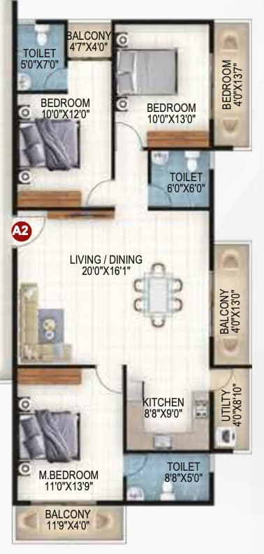 3BHK floor plan, Vaishno Ambaram
