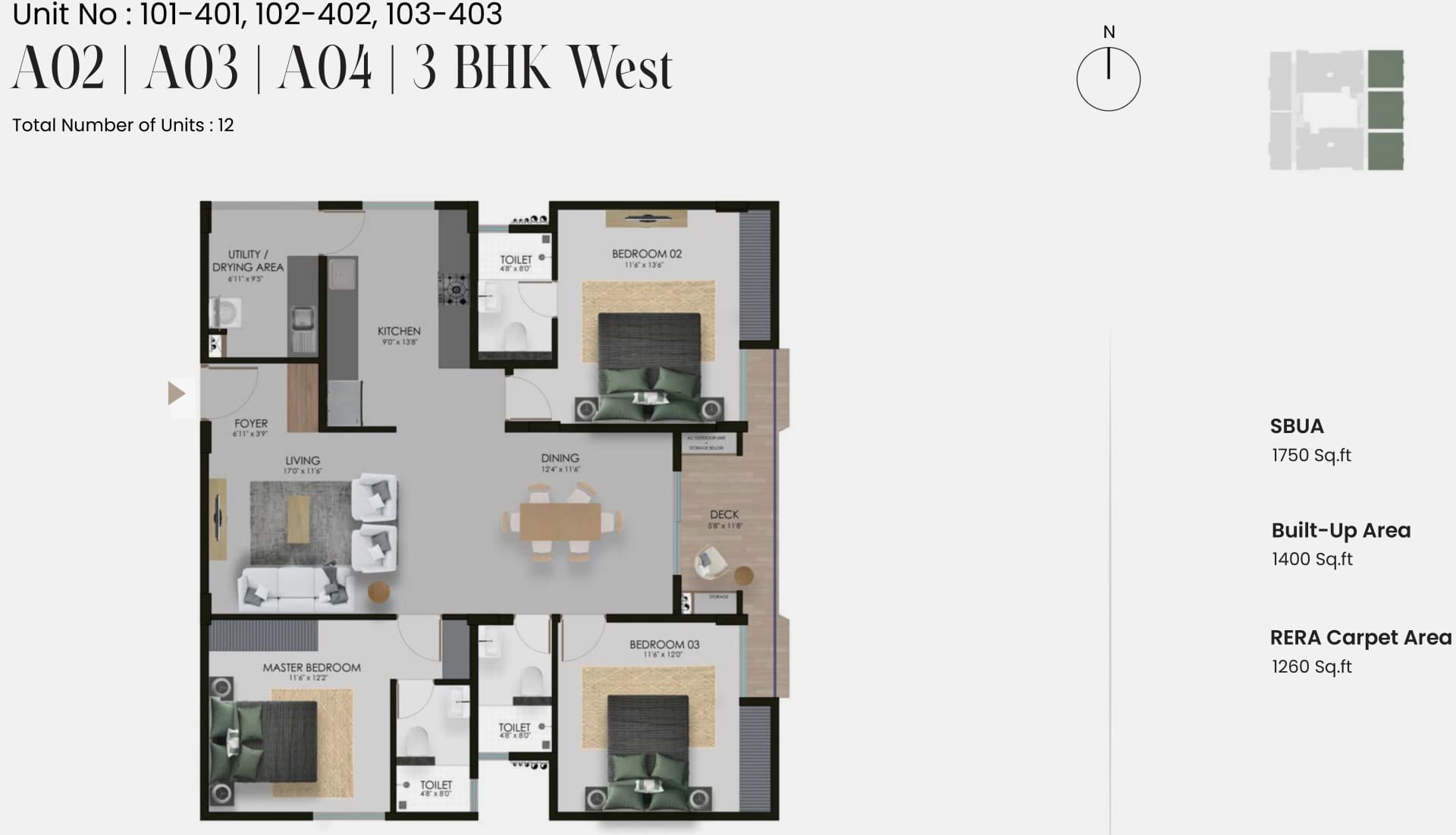 3BHK floor plan, Windmere by Modern Spaaces